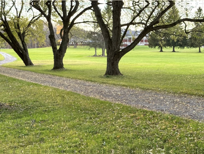The Appley seen across the lawn through maple trees